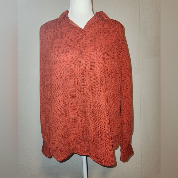 Worthington Bright Red With Black Pattern Button Down Blouse Medium M NWOT - Picture 1 of 6